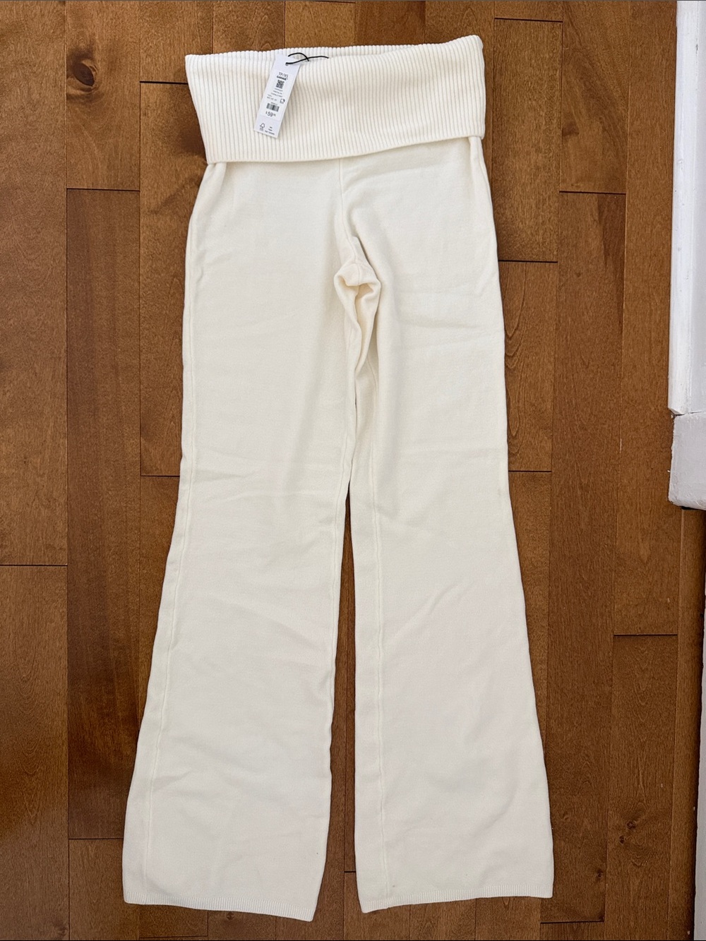 Garage Cream Wide-Leg Fold-Over Waist Knit Pants
